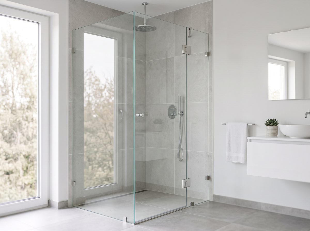 Frameless glass shower enclosure with no metal border in a bright renovated bathroom