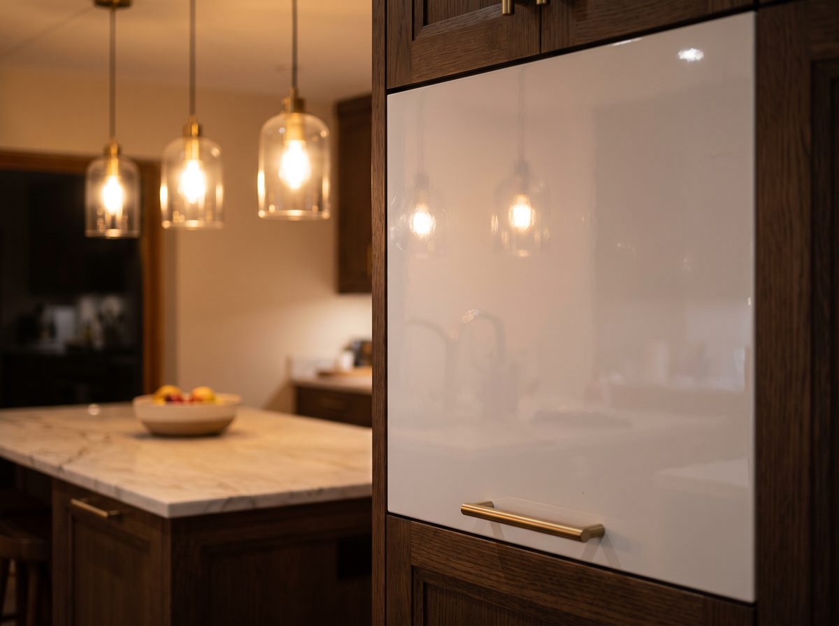 Close view of a high gloss cabinet door reflecting kitchen pendant lighting above an island
