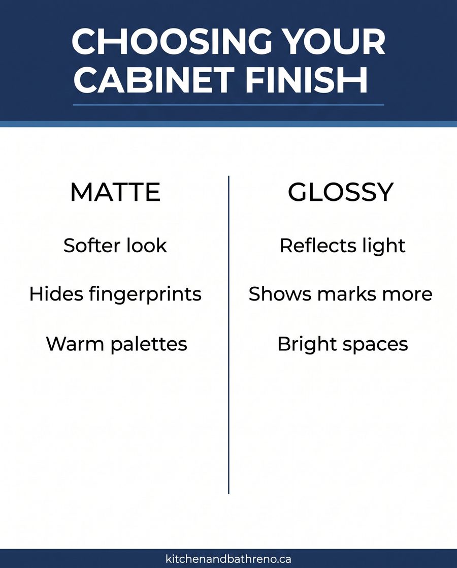 Card comparison of matte and gloss kitchen cabinet finish traits side by side
