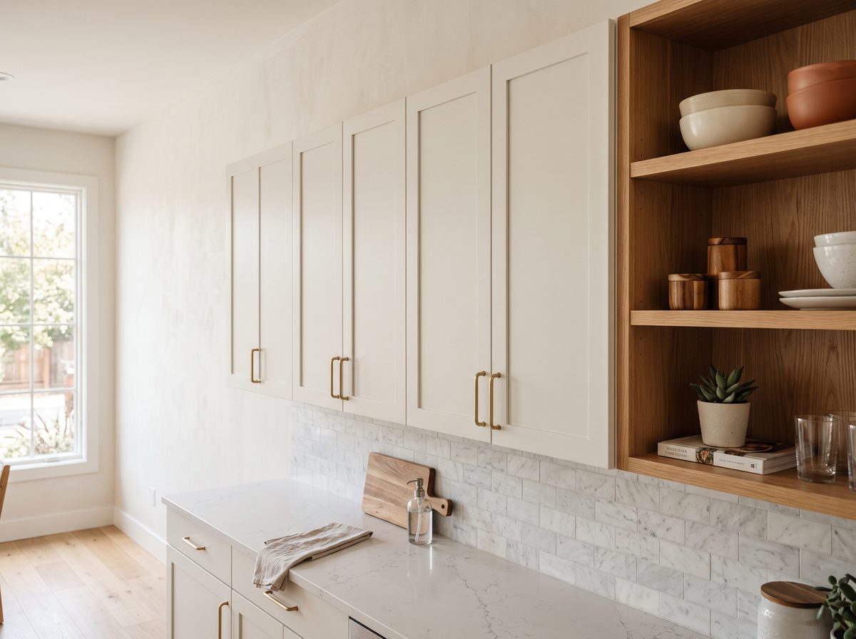 Matte vs glossy kitchen cabinets shown by a row of soft, glare free matte upper cabinets in a light kitchen