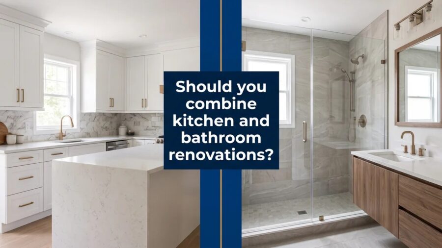 Renovated modern kitchen beside a renovated bathroom weighing whether to combine both projects