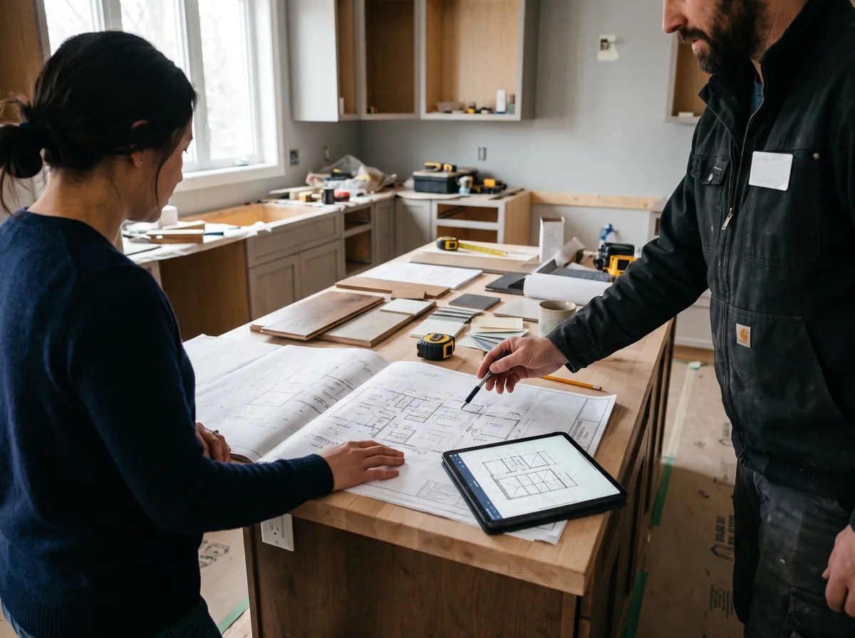 Homeowner and contractor reviewing renovation plans and samples during a kitchen planning walkthrough