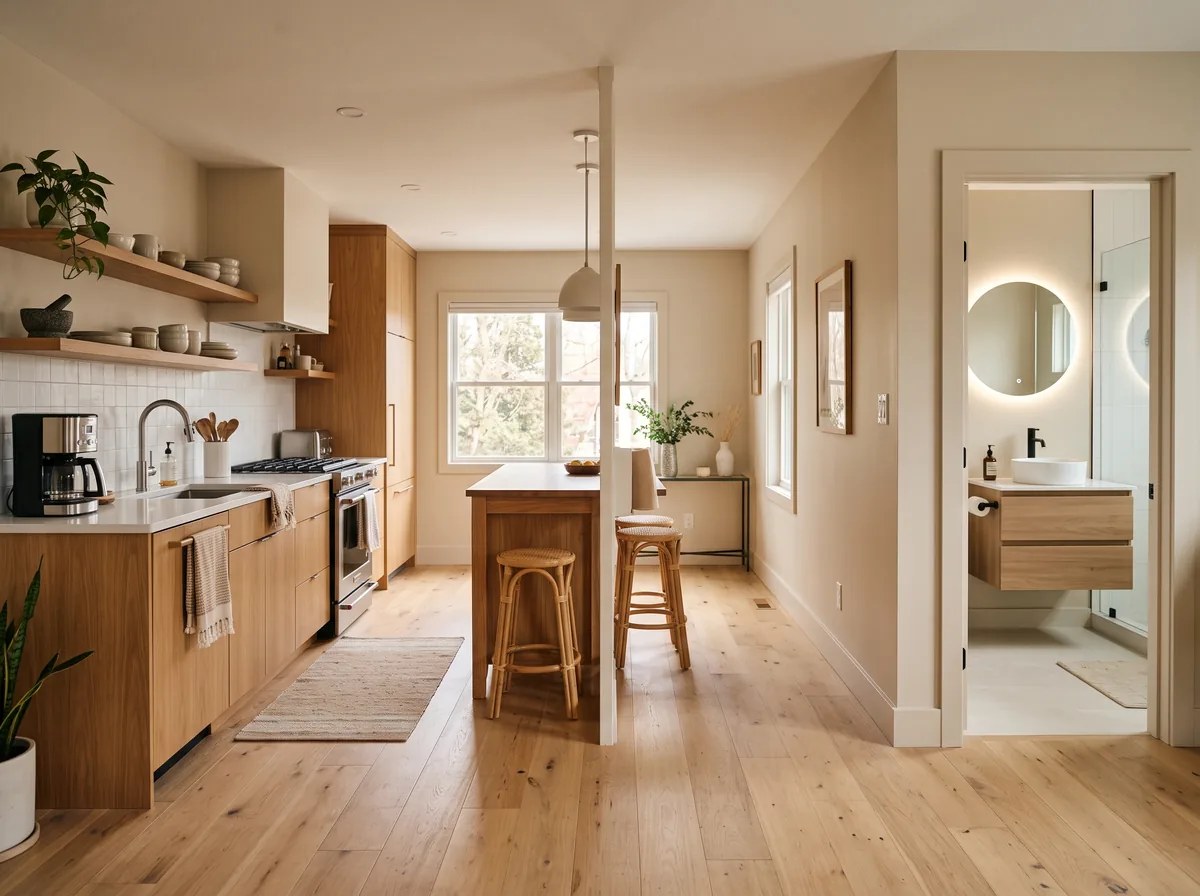 Open-plan renovated kitchen and adjoining bathroom sharing matching flooring and a coherent design