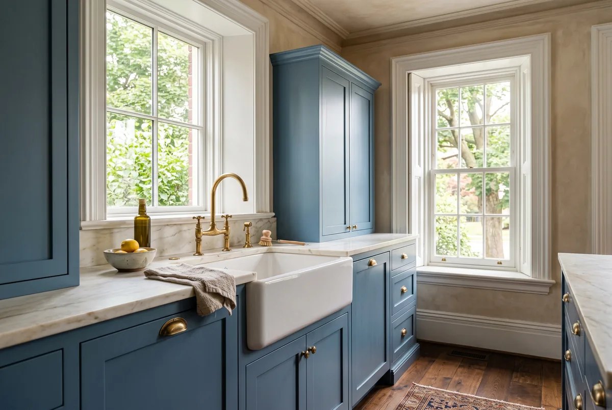 Renovated century home kitchen with painted shaker cabinetry, brass hardware, and original deep window trim