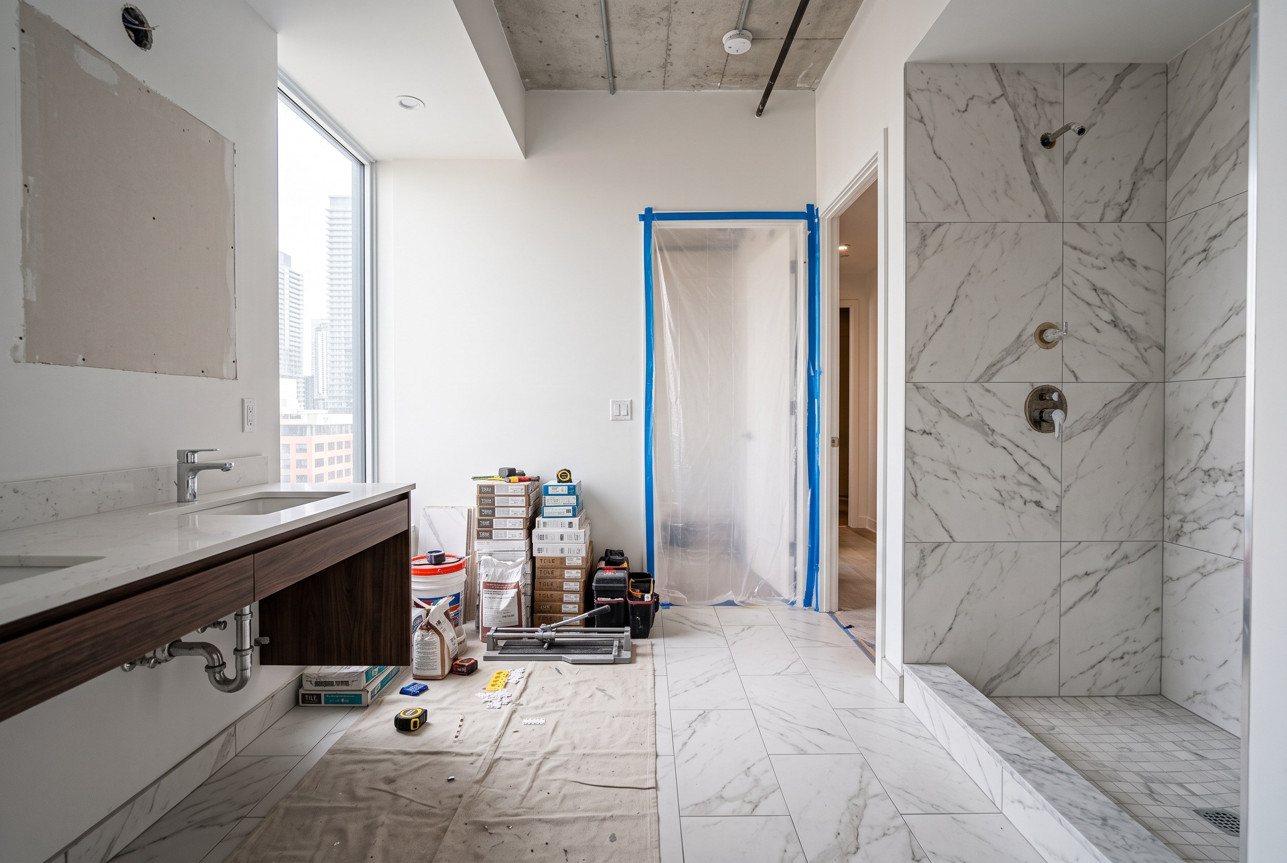 A partially completed condo bathroom renovation with new tile and protective sheeting over the doorway
