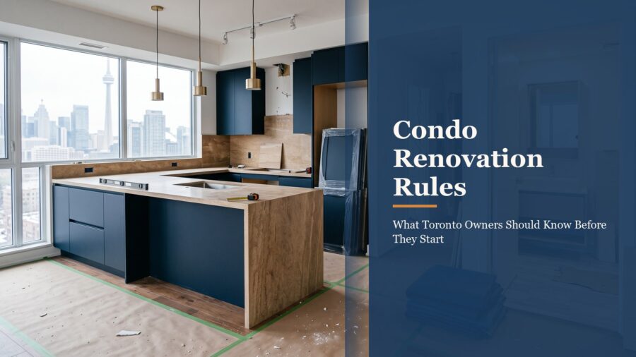 Modern renovated condo kitchen and bathroom in a Toronto high-rise unit with a city skyline view