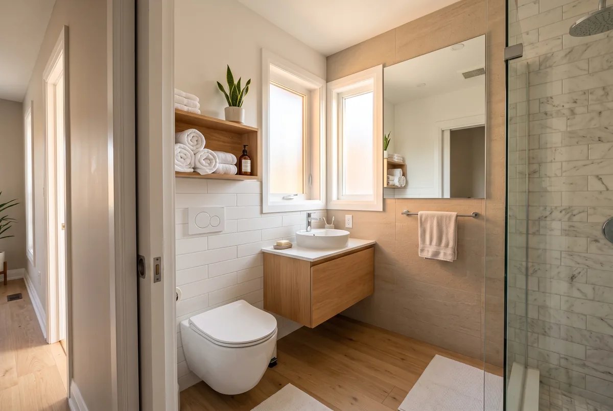 Finished small GTA bathroom with pocket door and styled open shelving for towels