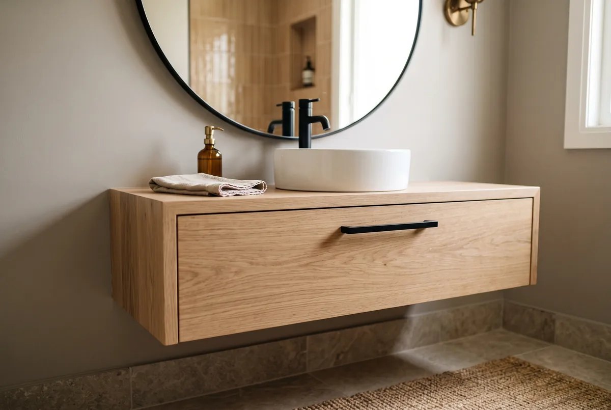 Floating white oak vanity with large mirror in a small renovated GTA bathroom