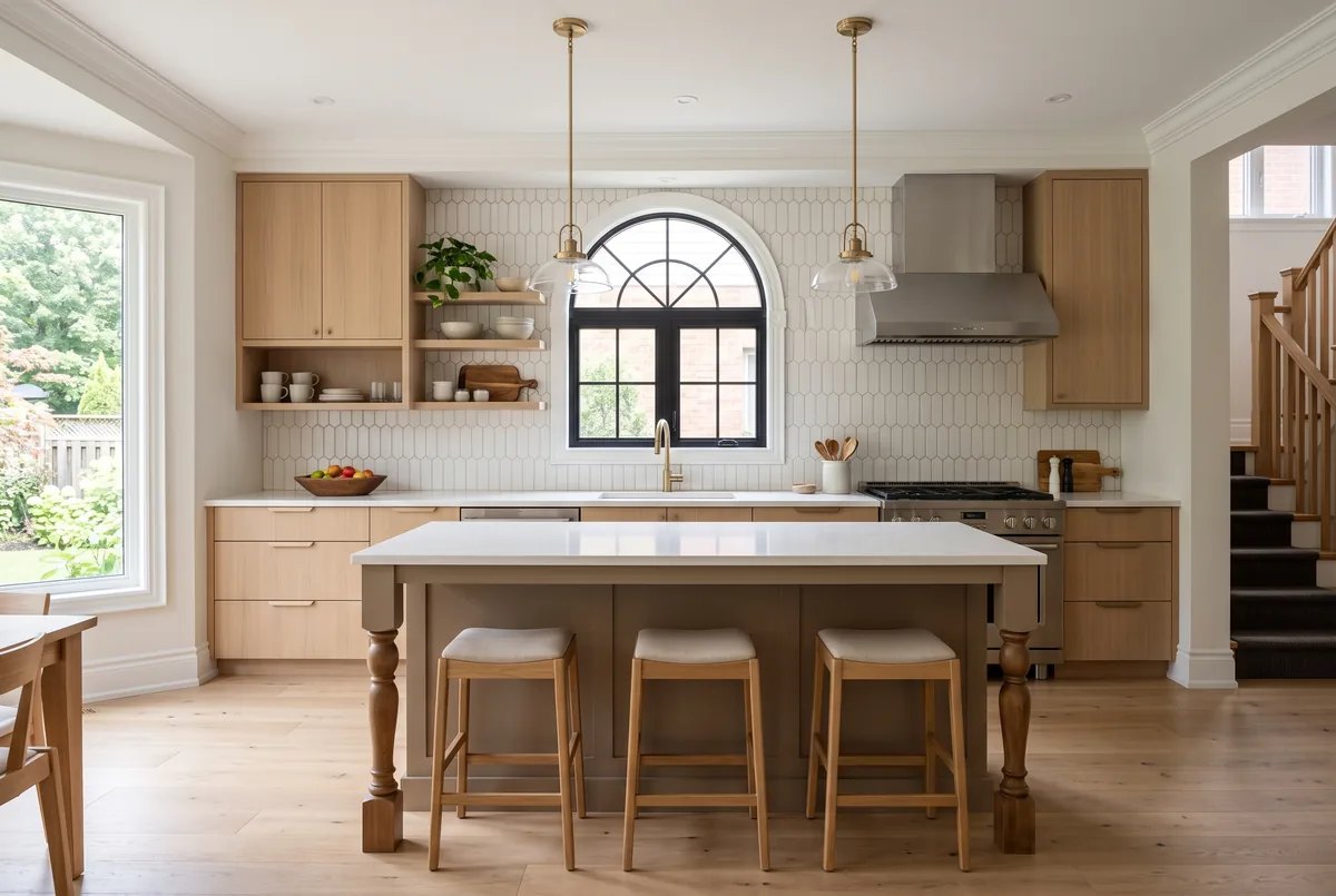 Transitional kitchen design blending flat cabinetry, a furniture-style island, and picket tile backsplash
