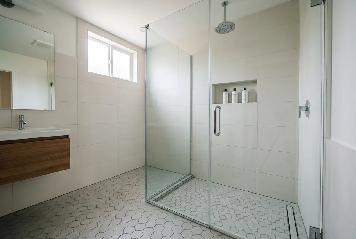 Frameless walk-in shower with a recessed tiled storage niche in a small modern bathroom