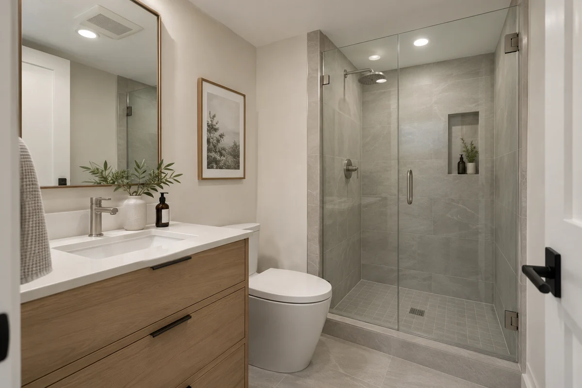 Basement bathroom with compact oak vanity and glass shower