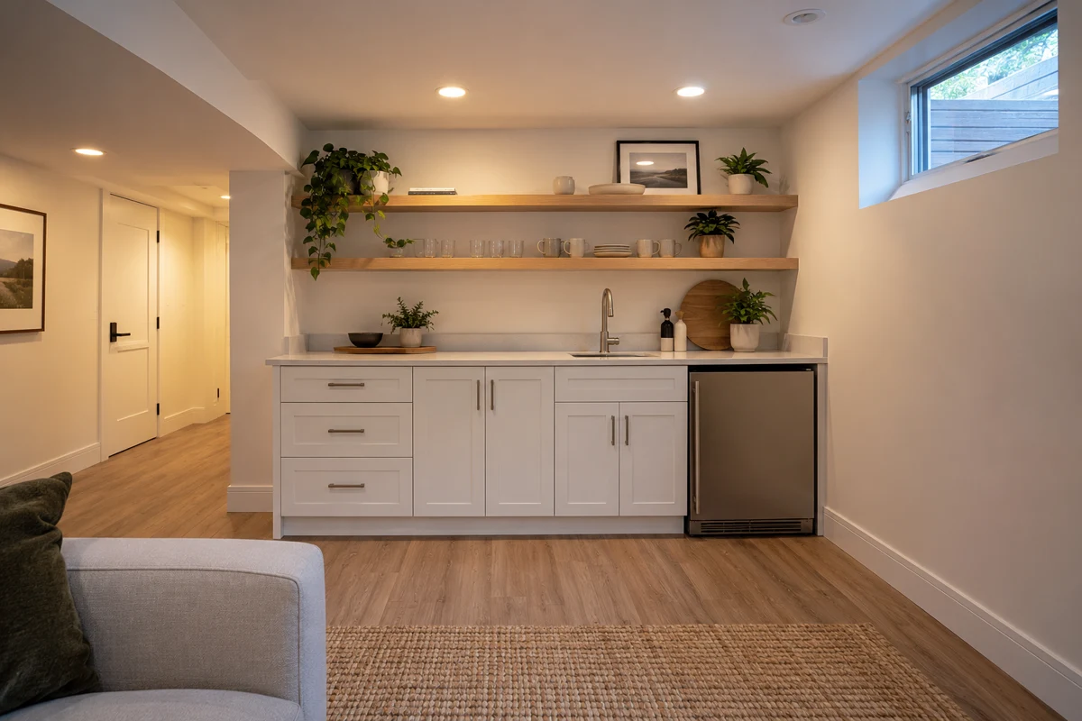 Finished basement kitchenette with white cabinets and quartz counter