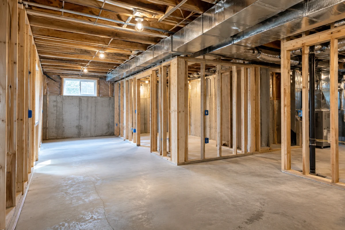 Basement framing and overhead ductwork during renovation