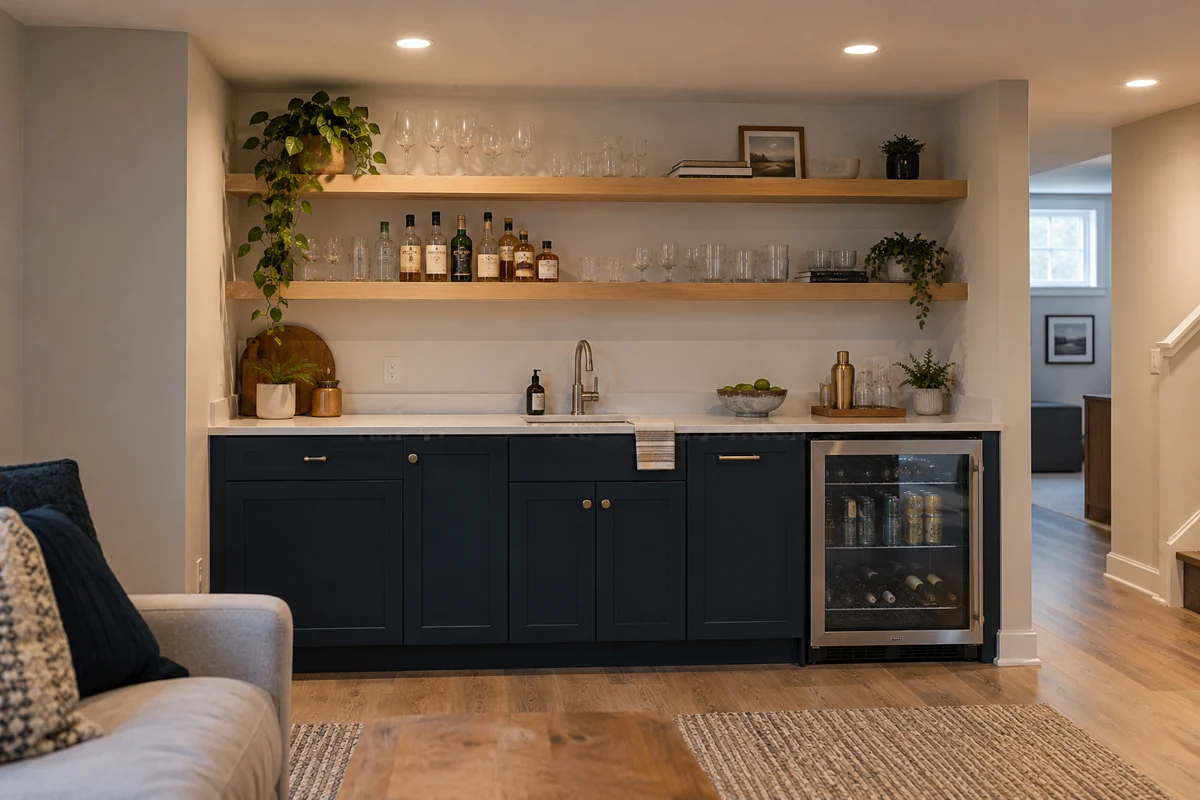 Custom basement wet bar with navy cabinets and oak shelving