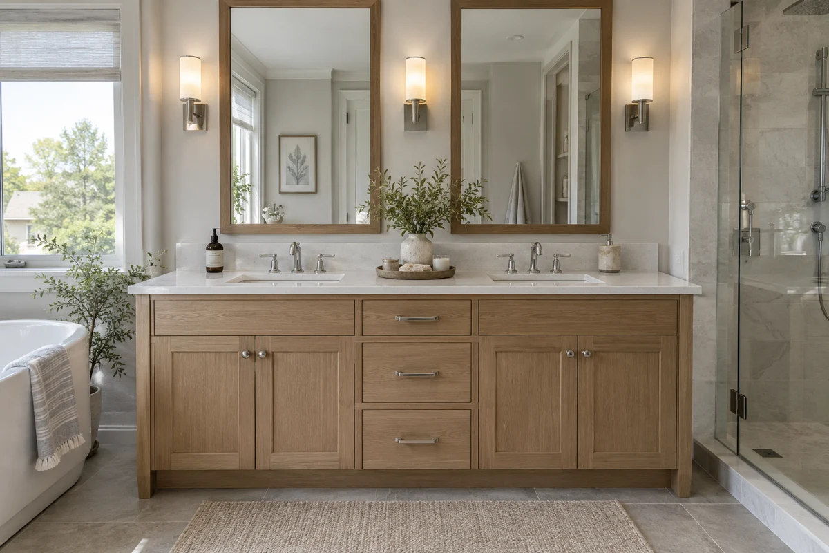 Double oak vanity with quartz counter and chrome fixtures