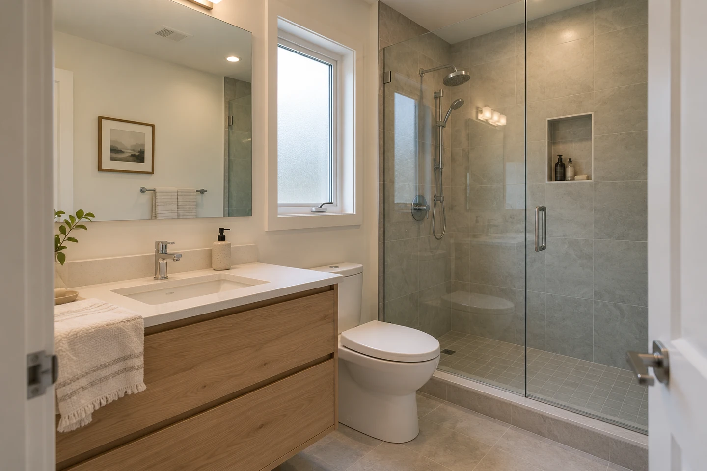 Renovated bathroom with an oak vanity and glass-enclosed walk-in shower