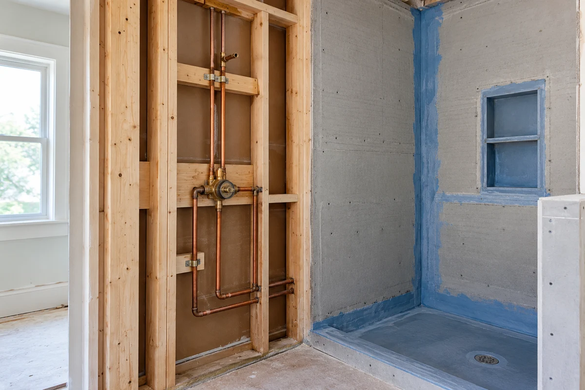 Bathroom plumbing and shower waterproofing during renovation