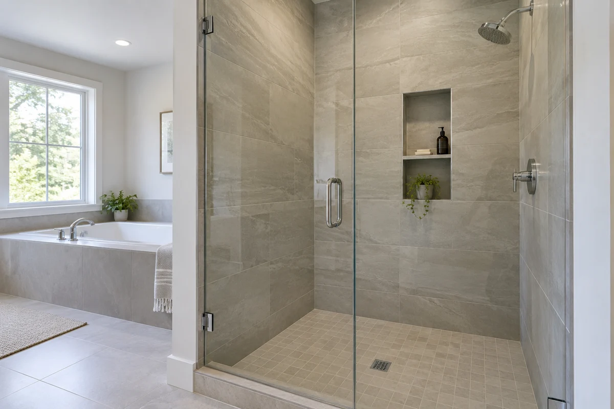 Walk-in shower with clear glass enclosure and tiled walls
