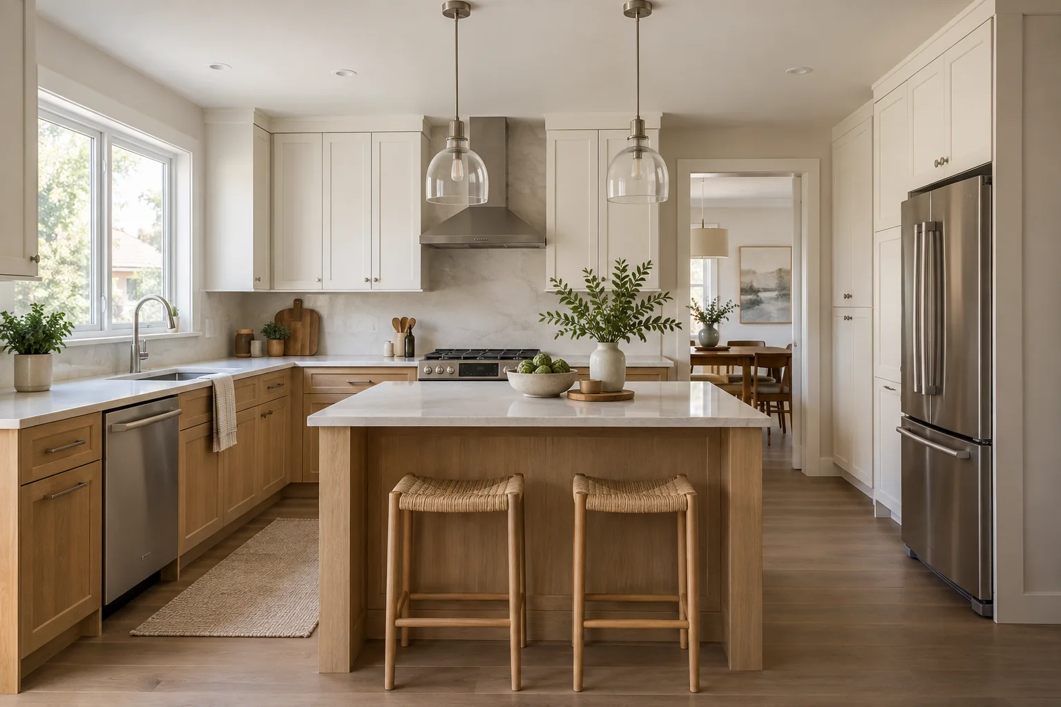 Bright kitchen with oak cabinetry, quartz countertops and a central island