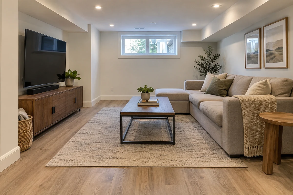 Oak-look flooring in a finished basement family room
