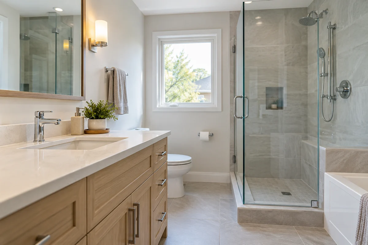 Bright family bathroom with glass shower and oak vanity