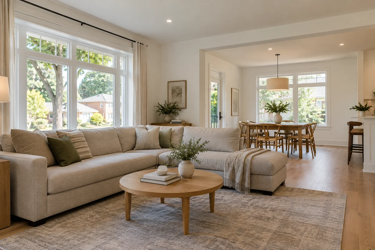 Renovated living and dining area with oak floors and large windows
