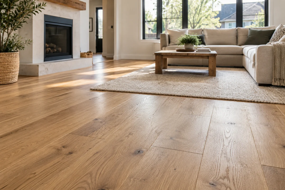 Natural oak plank flooring in a bright living room