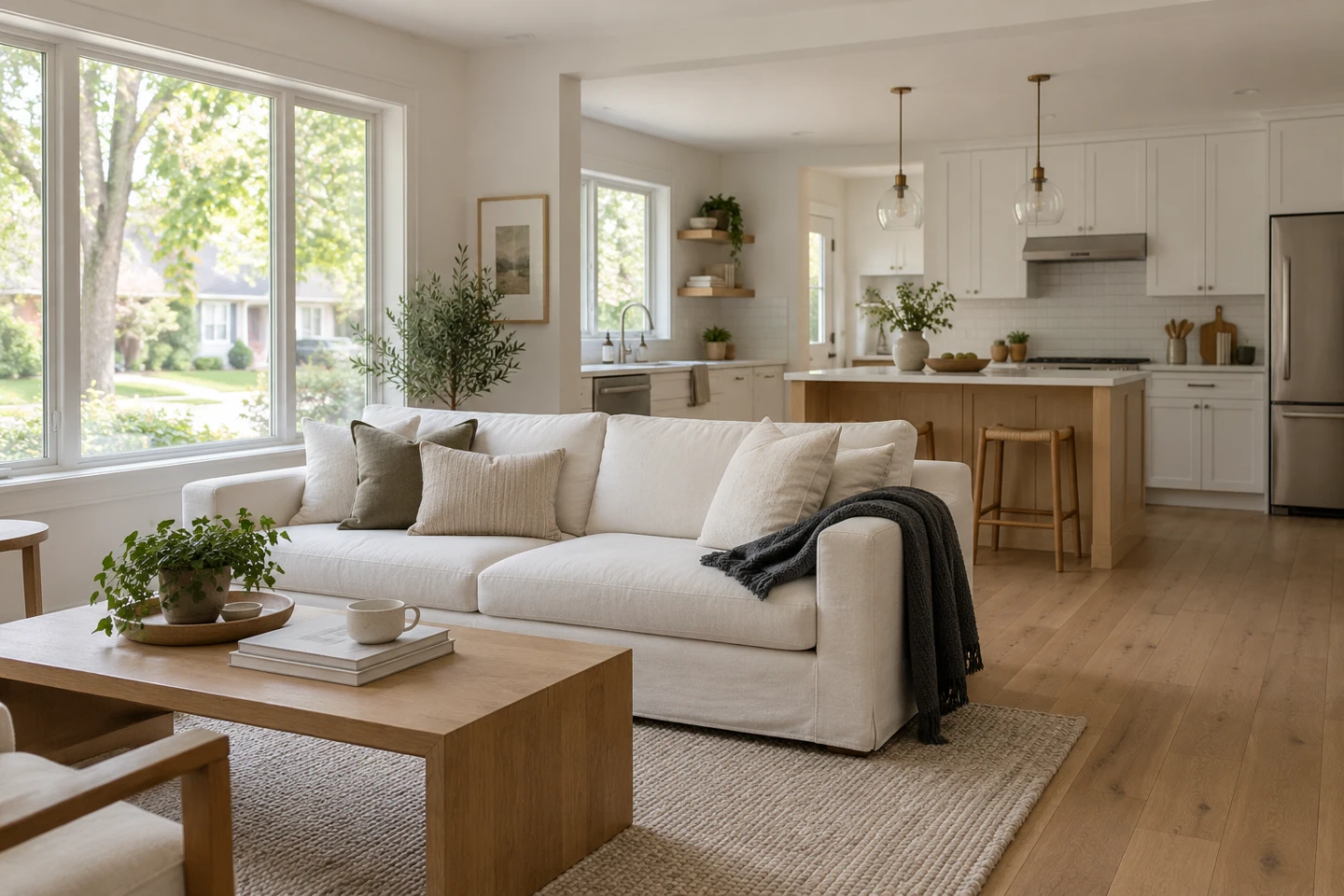 Bright renovated living room opening into a white and oak kitchen