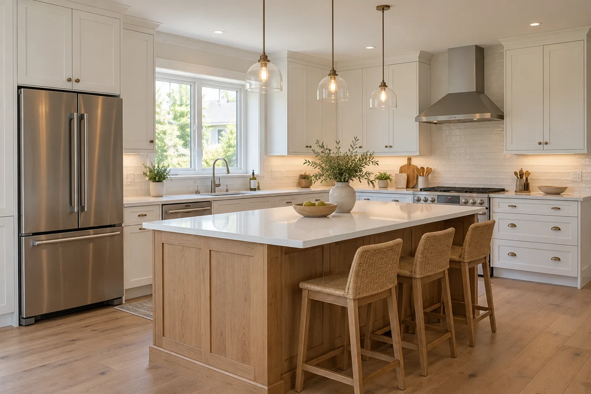 Renovated white and oak kitchen with quartz island