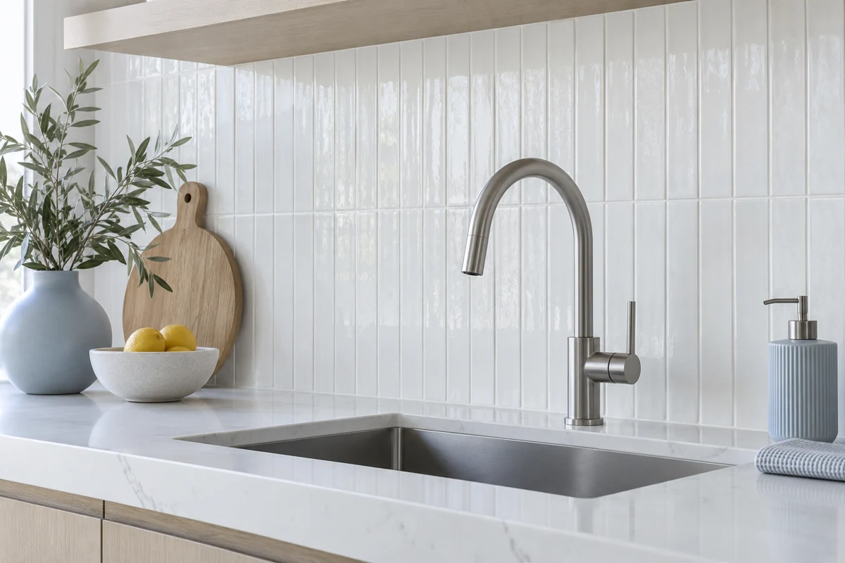 White vertical tile backsplash behind a kitchen sink