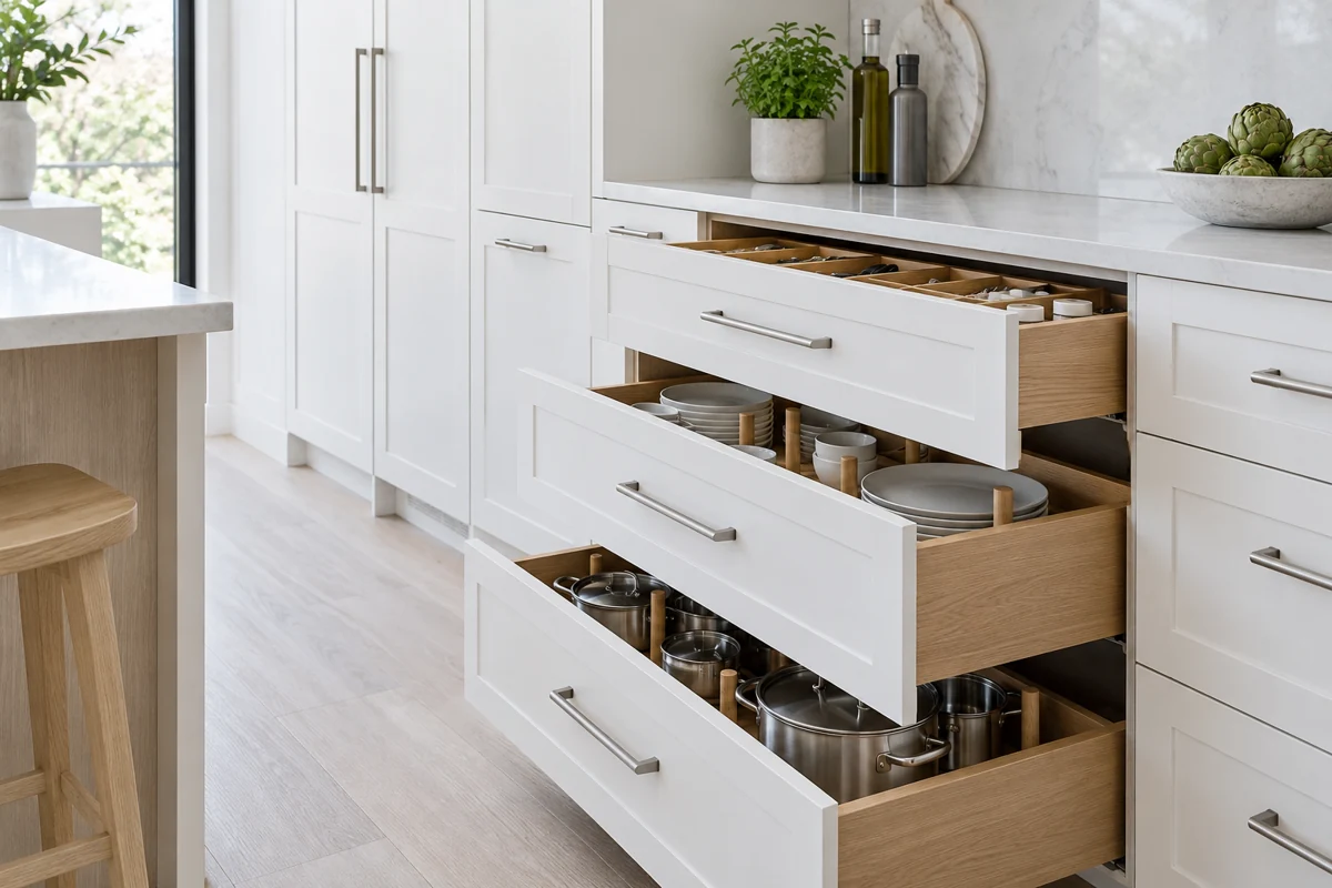 White kitchen cabinets with pull-out drawers for dishes and cookware