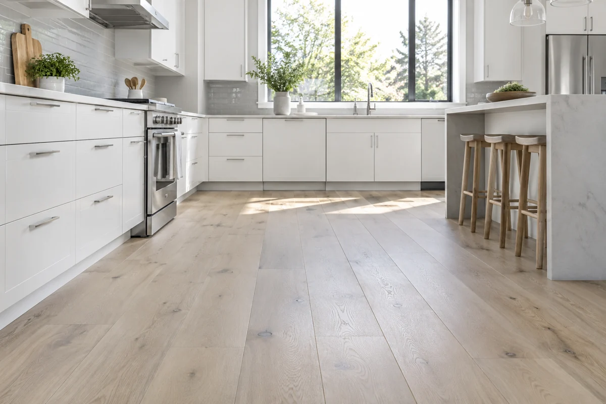 Natural oak plank flooring in a white kitchen