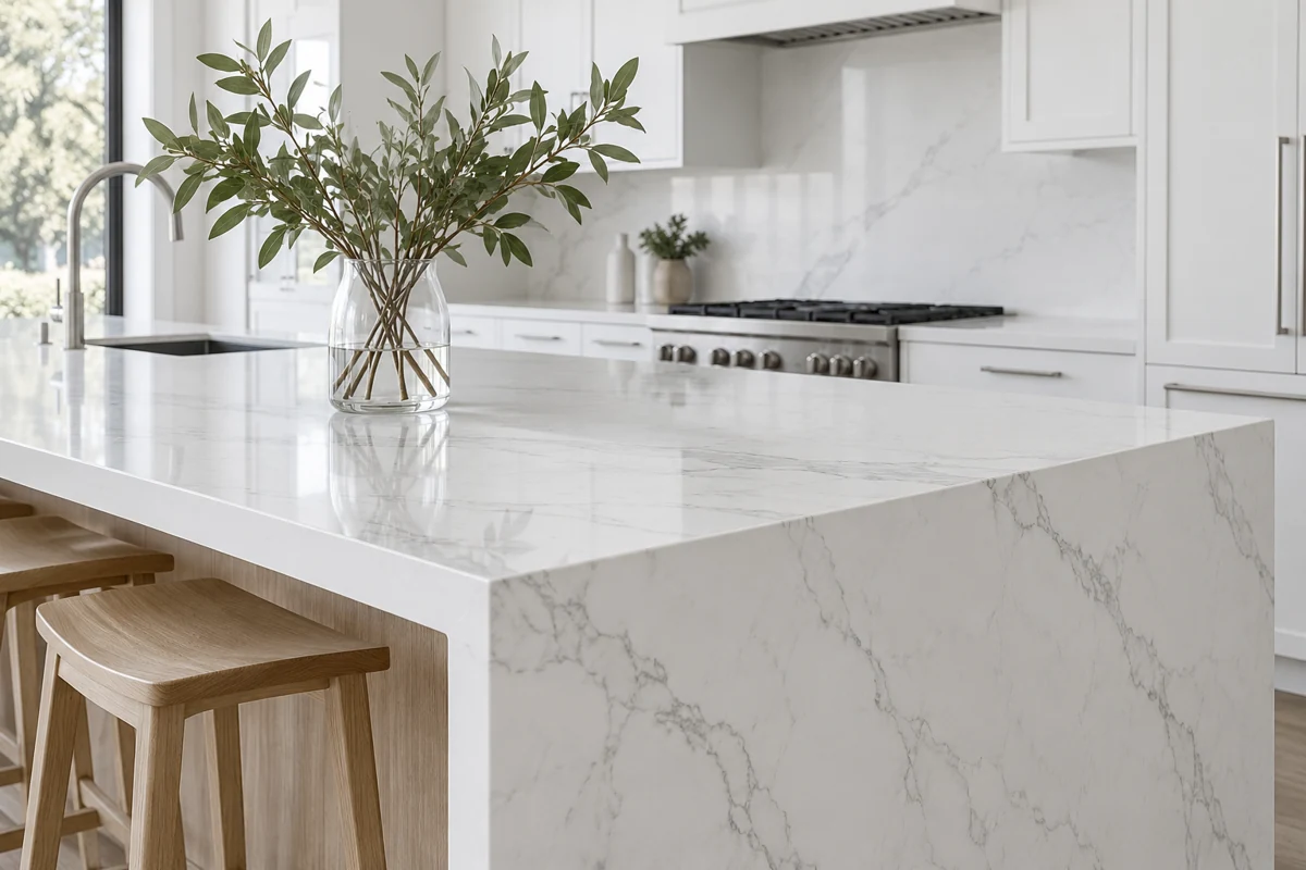 White quartz waterfall island countertop with subtle grey veining