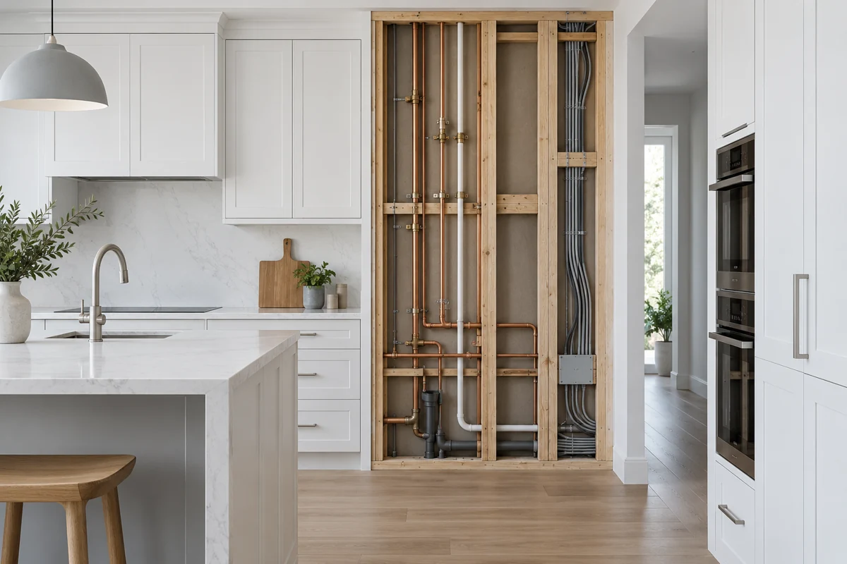 Exposed wall framing and plumbing beside kitchen cabinets during renovation