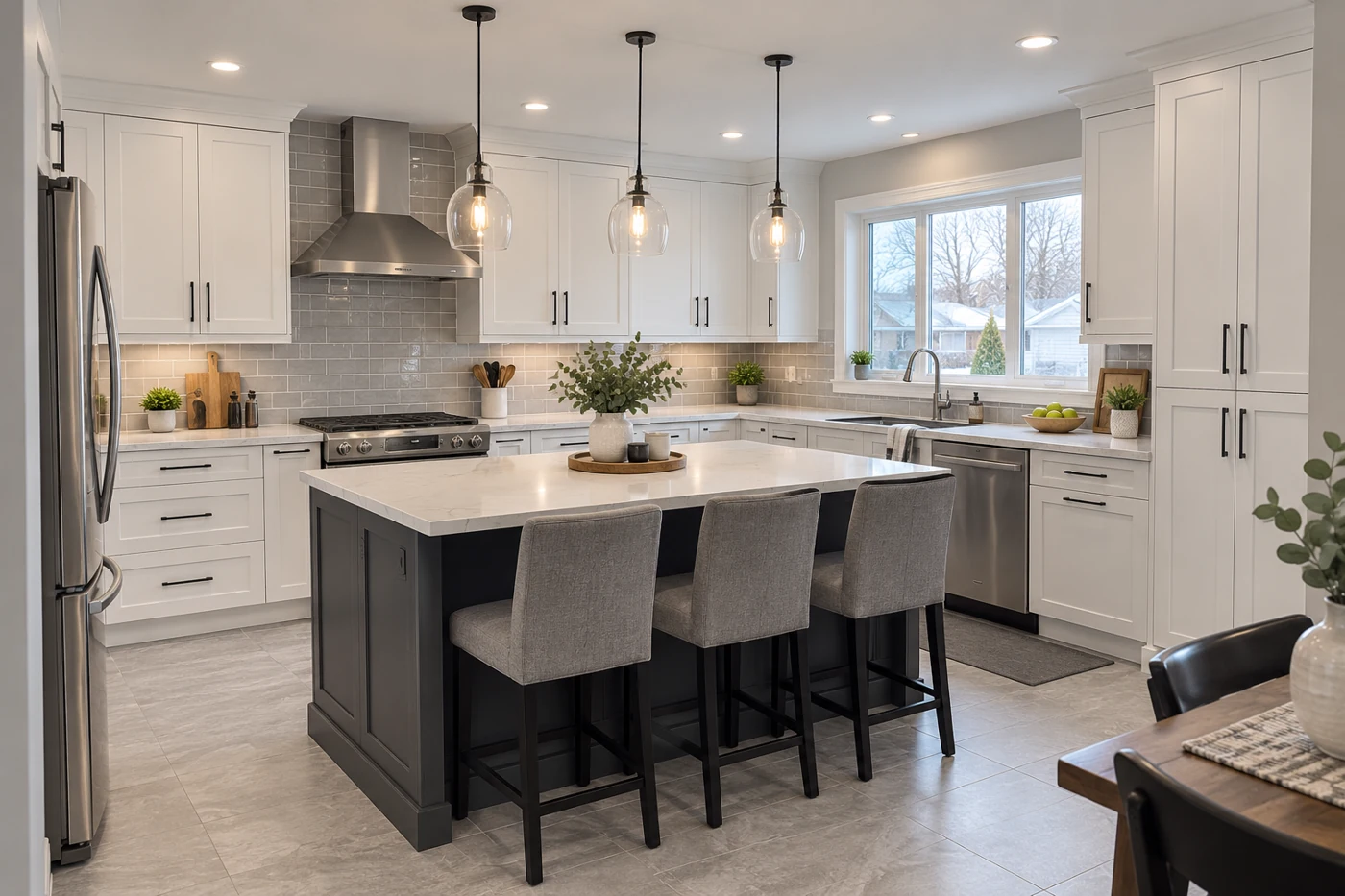 White and oak kitchen with a quartz island and pendant lighting