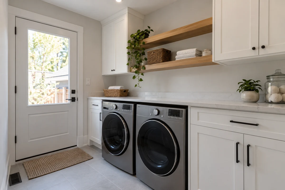 Laundry room with front-loading appliances and folding counter