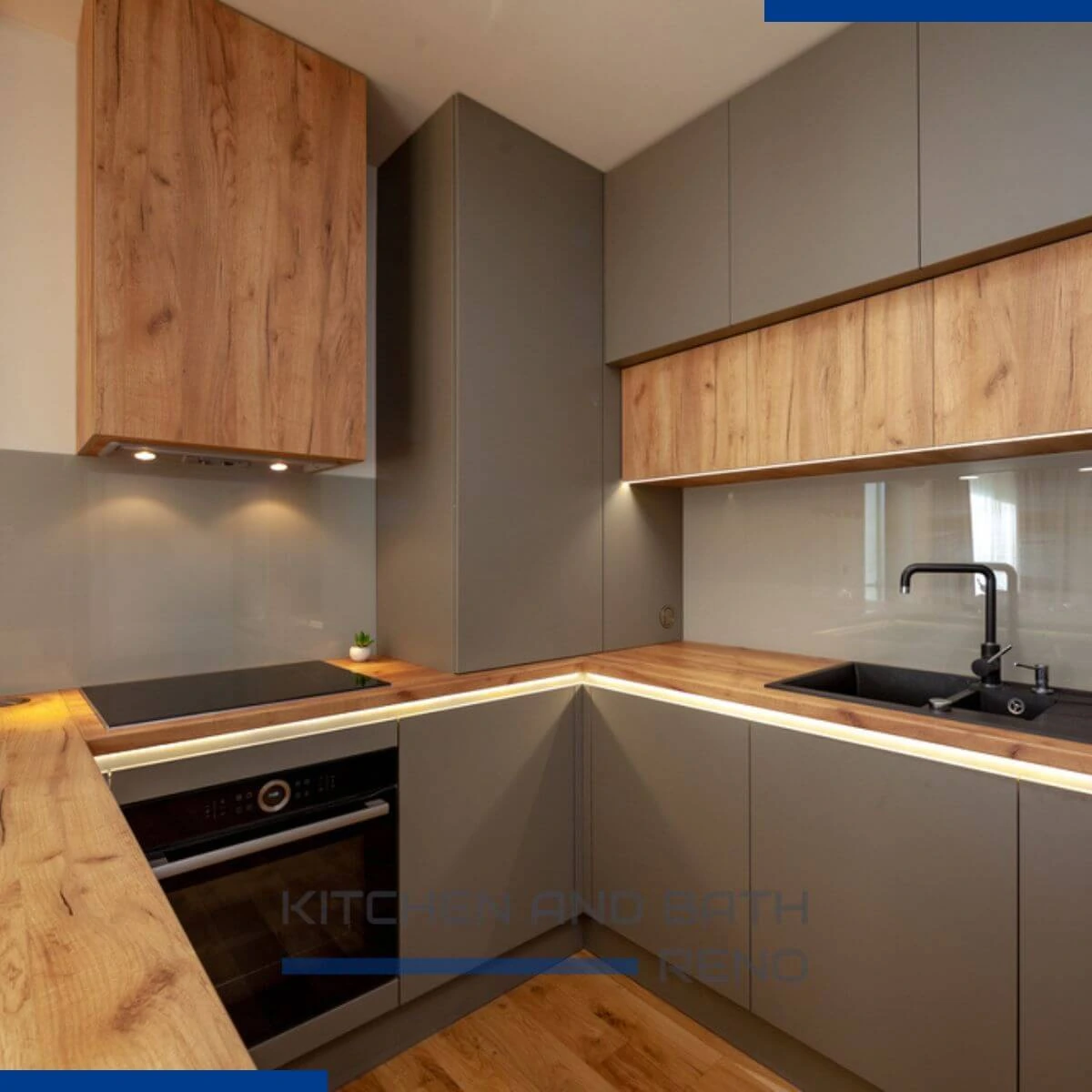 Modern grey kitchen with wood accents