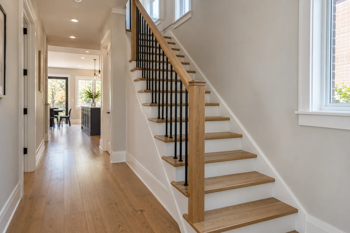 Oak staircase with white risers and black balusters