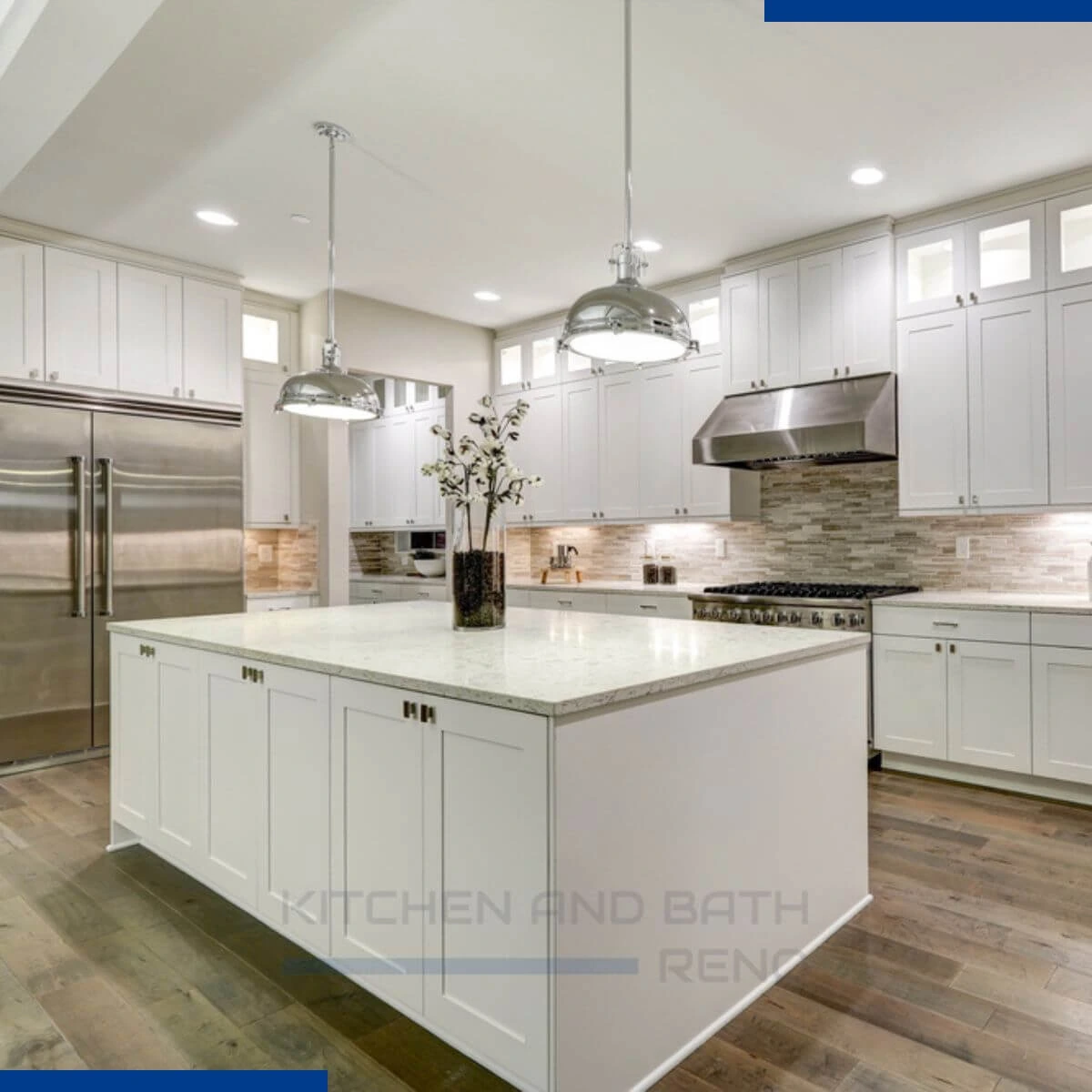 Beautiful white traditional kitchen with wood flooring